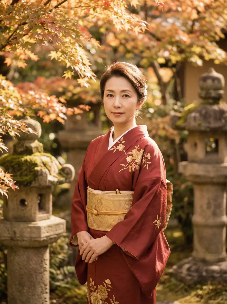 一位身穿暗红色和服的优雅 免费看电影永久无广告软件 在日式庭院中